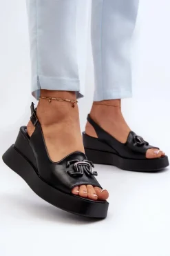 Boto Sandały Na Koturnie*Sandały Damskie Na Platformie I Koturnie Z Ozdobą Czarne Janesca