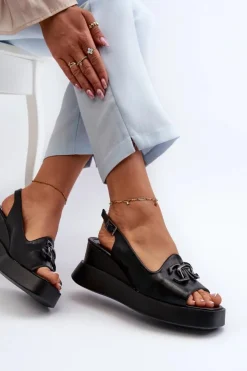 Boto Sandały Na Koturnie*Sandały Damskie Na Platformie I Koturnie Z Ozdobą Czarne Janesca