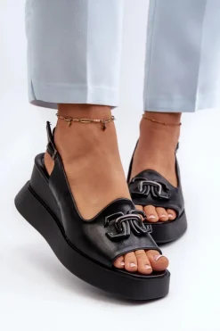 Boto Sandały Na Koturnie*Sandały Damskie Na Platformie I Koturnie Z Ozdobą Czarne Janesca