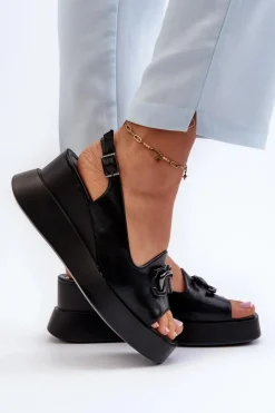 Boto Sandały Na Koturnie*Sandały Damskie Na Platformie I Koturnie Z Ozdobą Czarne Janesca