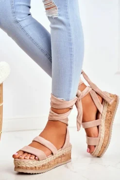 Boto Sandały Na Koturnie*Sandały Damskie Na Platformie Wiązane Beżowe La Favorite