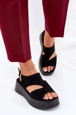 Hot Boto Sandały Damskie Na Platformie Eko Zamszowe Czarne Karonia
