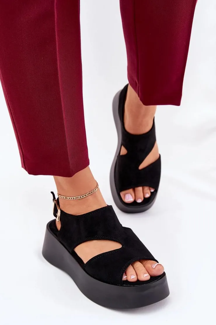 Hot Boto Sandały Damskie Na Platformie Eko Zamszowe Czarne Karonia