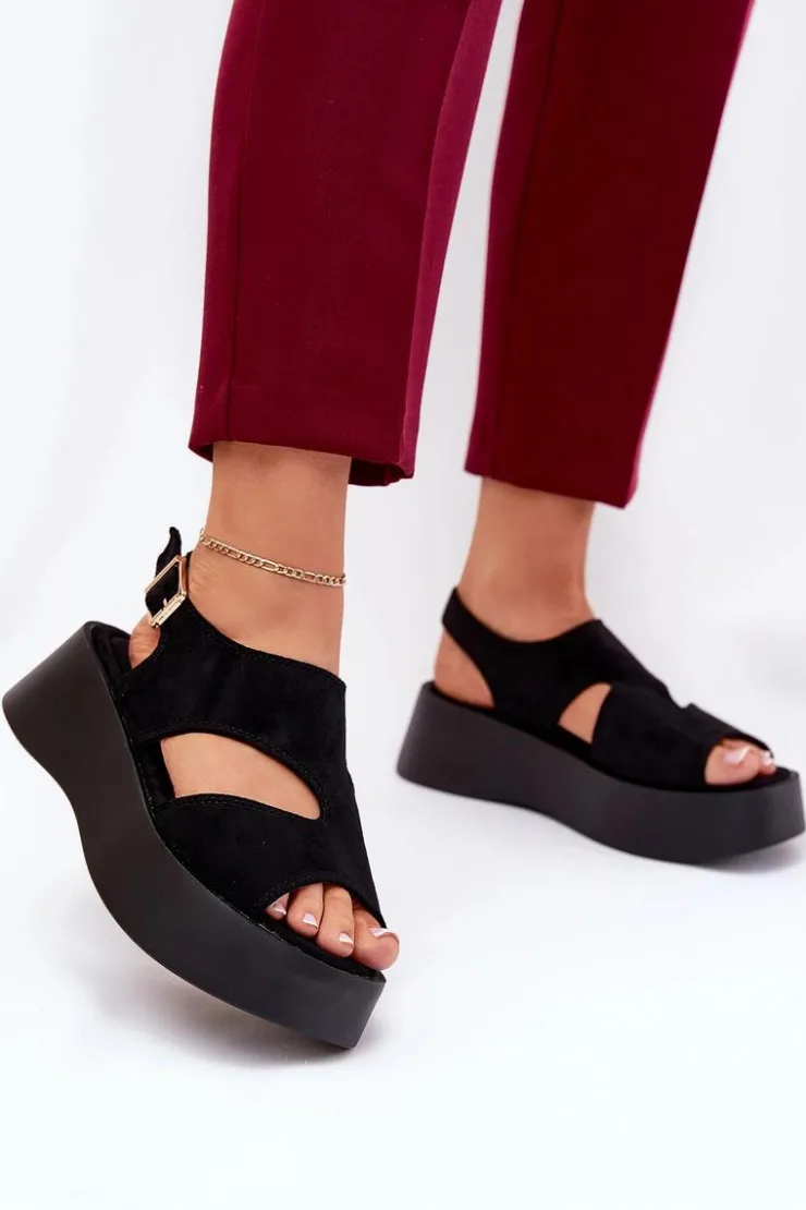 Hot Boto Sandały Damskie Na Platformie Eko Zamszowe Czarne Karonia