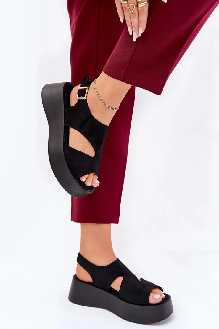 Hot Boto Sandały Damskie Na Platformie Eko Zamszowe Czarne Karonia