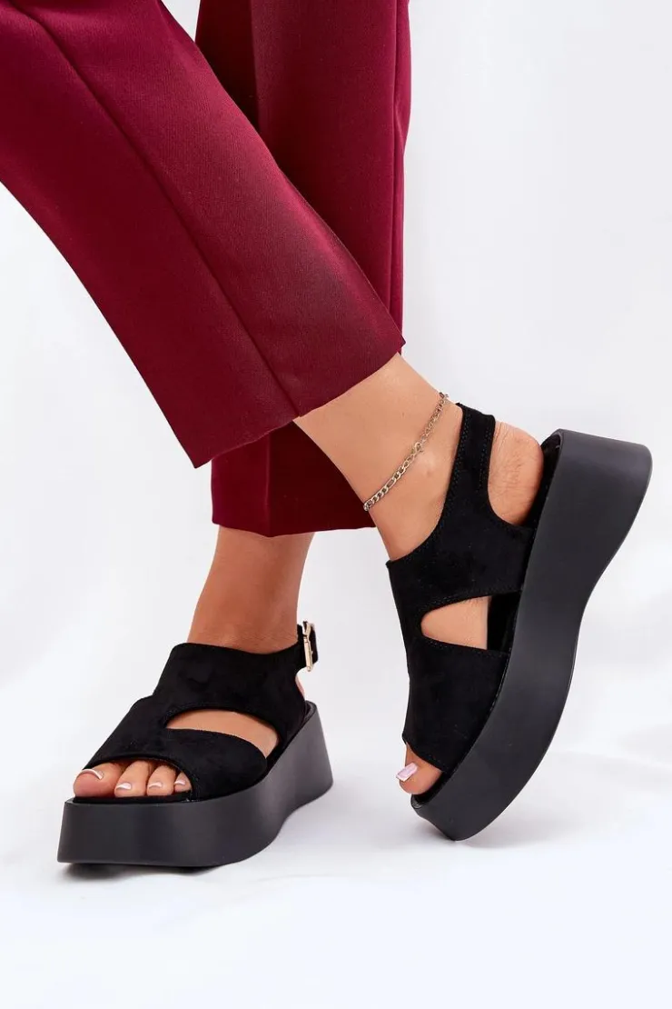 Hot Boto Sandały Damskie Na Platformie Eko Zamszowe Czarne Karonia