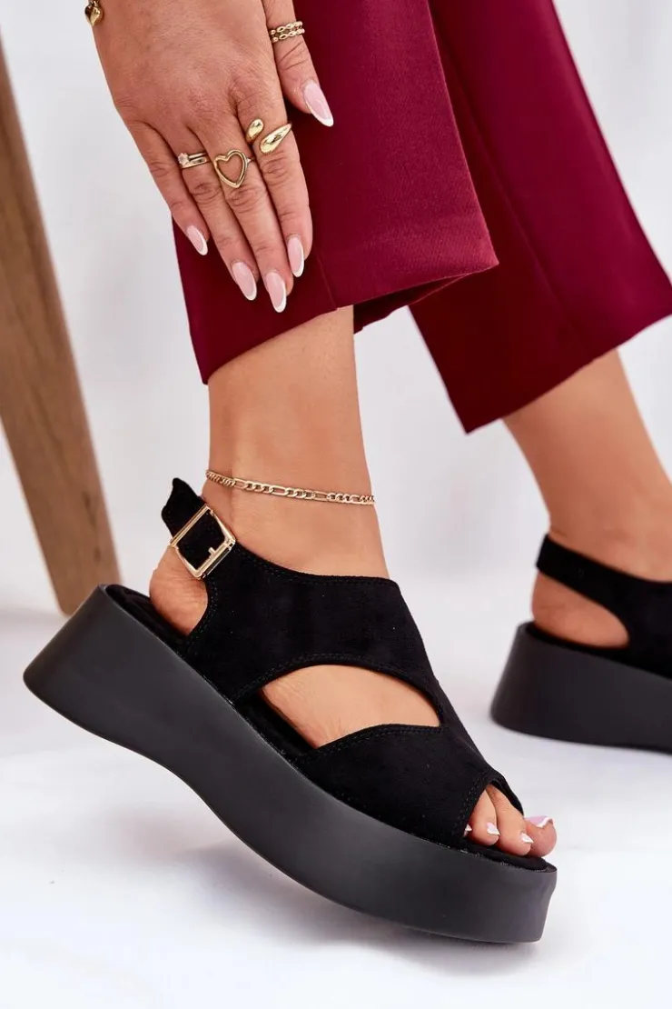 Hot Boto Sandały Damskie Na Platformie Eko Zamszowe Czarne Karonia