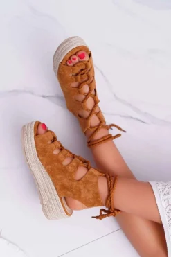 Damskie Boto Sandały Damskie Na Platformie Z Espadrylem Sznurowane Camel Grand