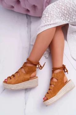 Damskie Boto Sandały Damskie Na Platformie Z Espadrylem Sznurowane Camel Grand