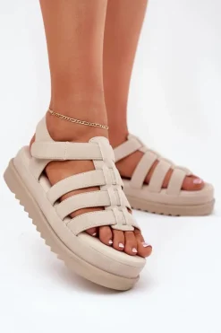 Outlet Boto Sandały Damskie Na Platformie Eko Zamszowe Beżowe Filisenia Beżowy