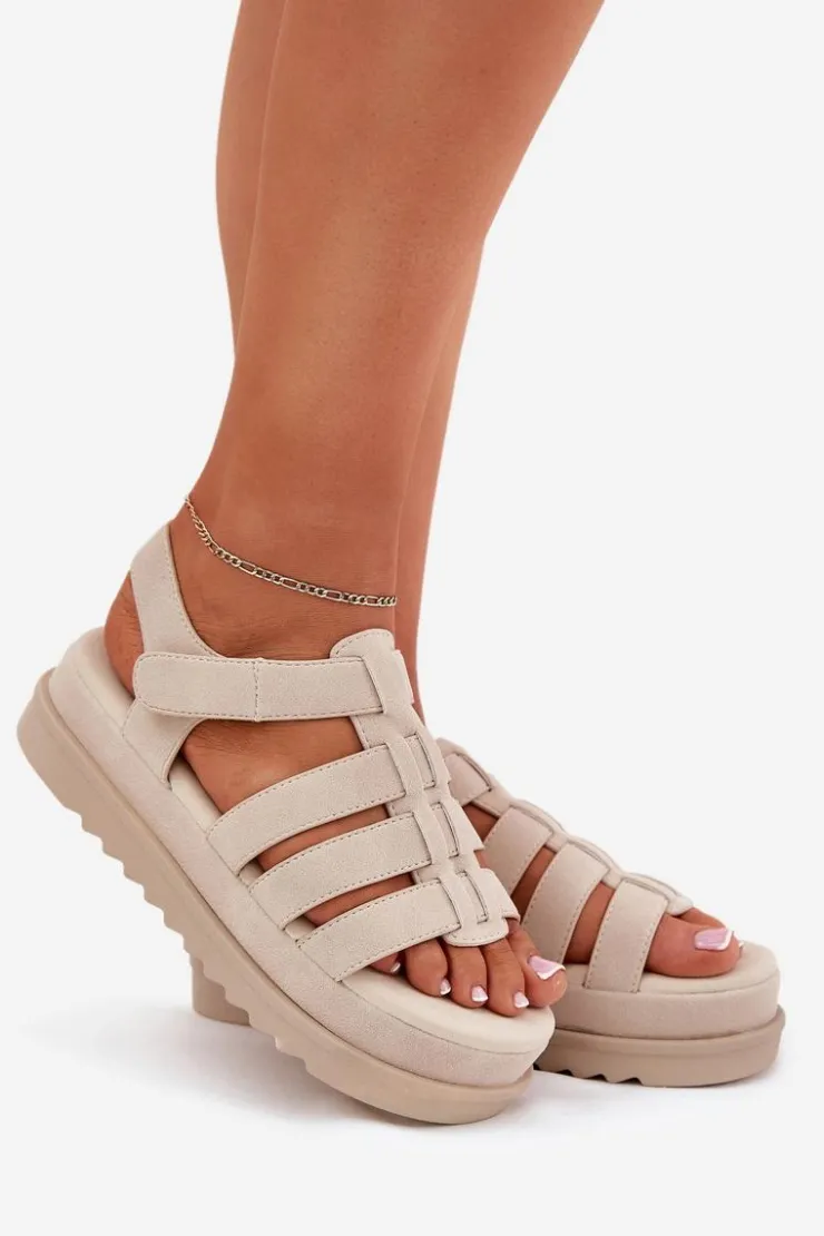 Outlet Boto Sandały Damskie Na Platformie Eko Zamszowe Beżowe Filisenia Beżowy