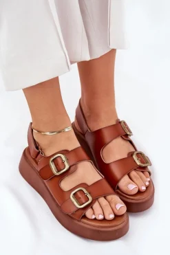 Outlet Boto Sandały Damskie Na Platformie I Koturnie Z Klamrami Camel Genorre