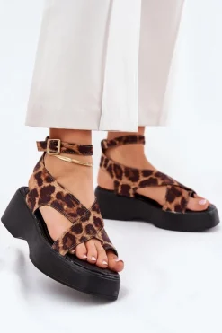 Boto Sandały Na Koturnie|Sandały Płaskie*Sandały Damskie Na Platformie I Koturnie W Panterkę Brązowe Tenzorus Brązowy