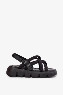 Boto Sandały Płaskie*Sandały Damskie Na Platformie Z Paskami Czarne Filamira Czarny