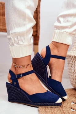 Best Big Star Shoes Sandały Damskie Na Plecionej Koturnie Big Star Granatowe DD274A172