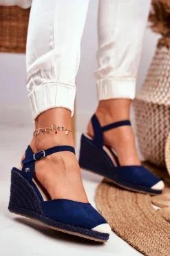 Best Big Star Shoes Sandały Damskie Na Plecionej Koturnie Big Star Granatowe DD274A172