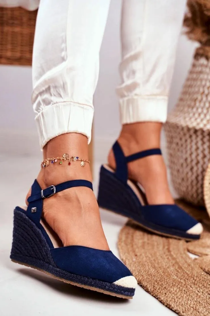 Best Big Star Shoes Sandały Damskie Na Plecionej Koturnie Big Star Granatowe DD274A172