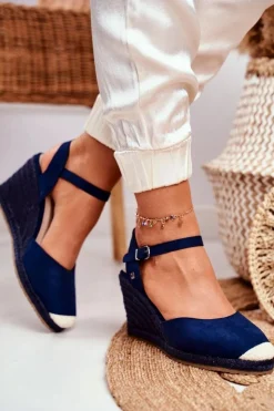 Best Big Star Shoes Sandały Damskie Na Plecionej Koturnie Big Star Granatowe DD274A172