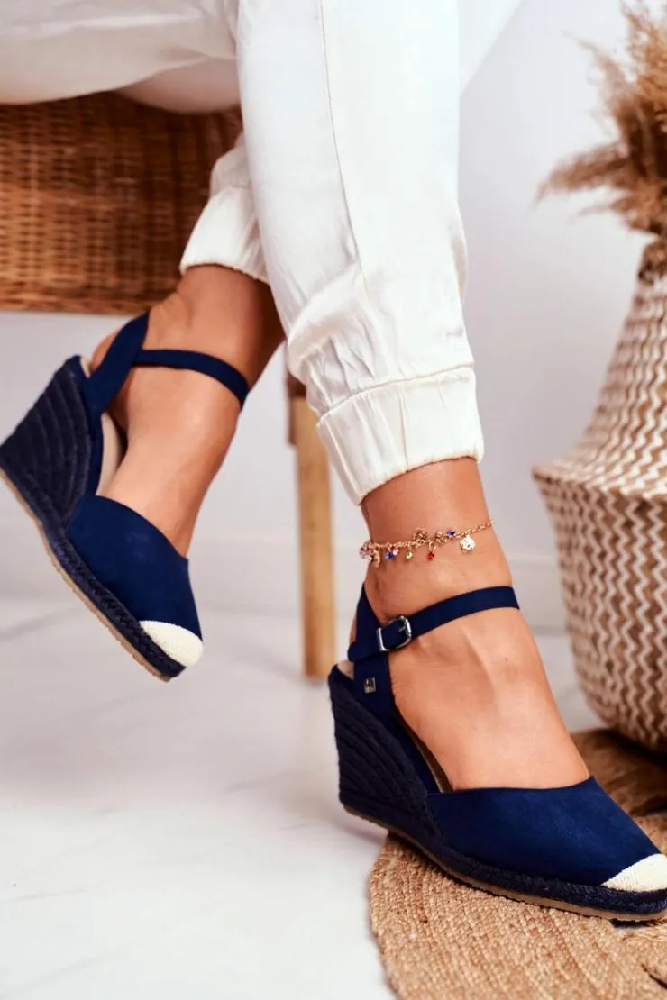 Best Big Star Shoes Sandały Damskie Na Plecionej Koturnie Big Star Granatowe DD274A172