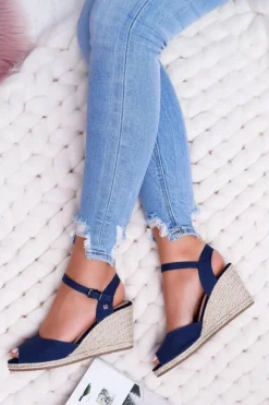 Damskie Big Star Shoes Sandały Damskie Na Plecionej Koturnie Big Star Granatowe DD274A212