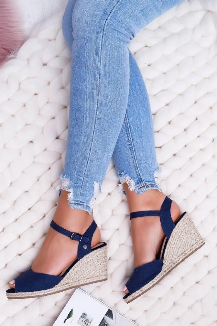 Damskie Big Star Shoes Sandały Damskie Na Plecionej Koturnie Big Star Granatowe DD274A212