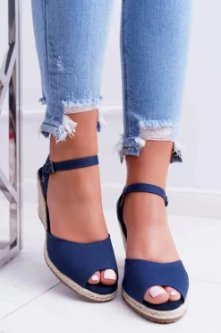 Damskie Big Star Shoes Sandały Damskie Na Plecionej Koturnie Big Star Granatowe DD274A212