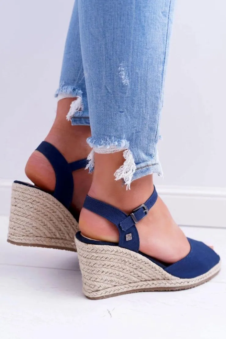 Damskie Big Star Shoes Sandały Damskie Na Plecionej Koturnie Big Star Granatowe DD274A212