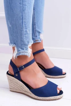 Damskie Big Star Shoes Sandały Damskie Na Plecionej Koturnie Big Star Granatowe DD274A212