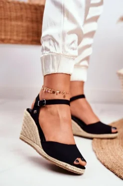 Big Star Shoes Sandały Big Star|Sandały Na Koturnie*Sandały Damskie Na Plecionej Koturnie Big Star Czarne DD274A209