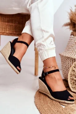 Big Star Shoes Sandały Big Star|Sandały Na Koturnie*Sandały Damskie Na Plecionej Koturnie Big Star Czarne DD274A209