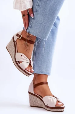 New Boto Sandały Damskie Na Plecionym Koturnie Beżowe Judith