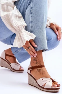 New Boto Sandały Damskie Na Plecionym Koturnie Beżowe Judith