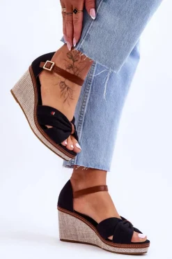 Boto Sandały Na Koturnie*Sandały Damskie Na Plecionym Koturnie Czarne Judith