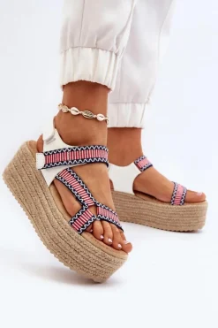 Boto Sandały Damskie Na Plecionej Masywnej Podeszwie Białe Luminea