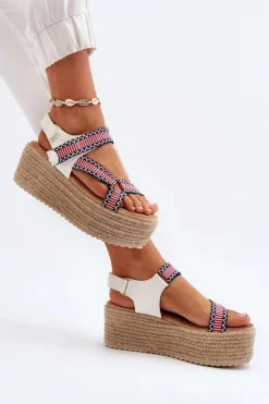 Boto Sandały Damskie Na Plecionej Masywnej Podeszwie Białe Luminea