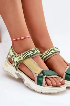 Outlet D.Franklin Sandały Damskie Na Rzepy DFSH406003 Zielone Zielony