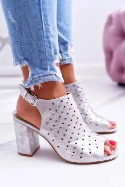 Outlet Buty damskie Vinceza Sandały Damskie Na Słupku Ażurowe z Dżetami Srebrne Hendrix