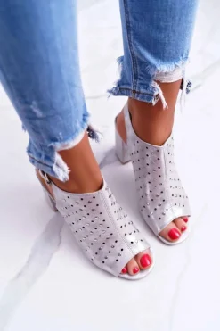 Outlet Buty damskie Vinceza Sandały Damskie Na Słupku Ażurowe z Dżetami Srebrne Hendrix