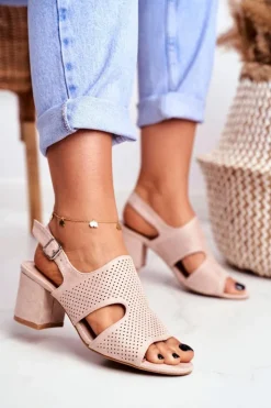 Boto Sandały Damskie Na Słupku Ażurowe Beżowe Valery