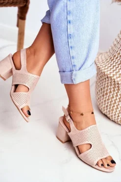 Boto Sandały Damskie Na Słupku Ażurowe Beżowe Valery