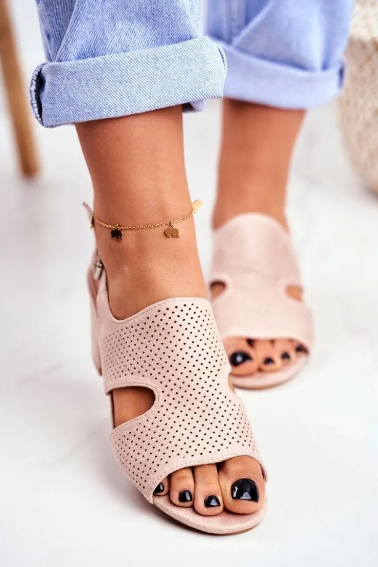 Boto Sandały Damskie Na Słupku Ażurowe Beżowe Valery