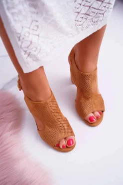 Damskie Boto Sandały Damskie Na Słupku Ażurowe Zamszowe Camel HiBaby