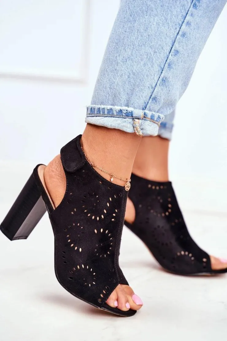 Discount Evento Sandały Damskie Na Słupku Ażurowe Na Rzep Czarne Rules