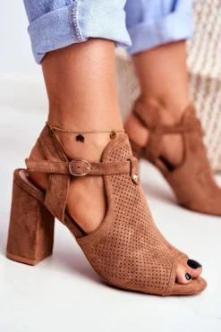 Boto Sandały Ażurowe|Sandały Na Obcasie*Sandały Damskie Na Słupku Ażurowe Brązowe Kira