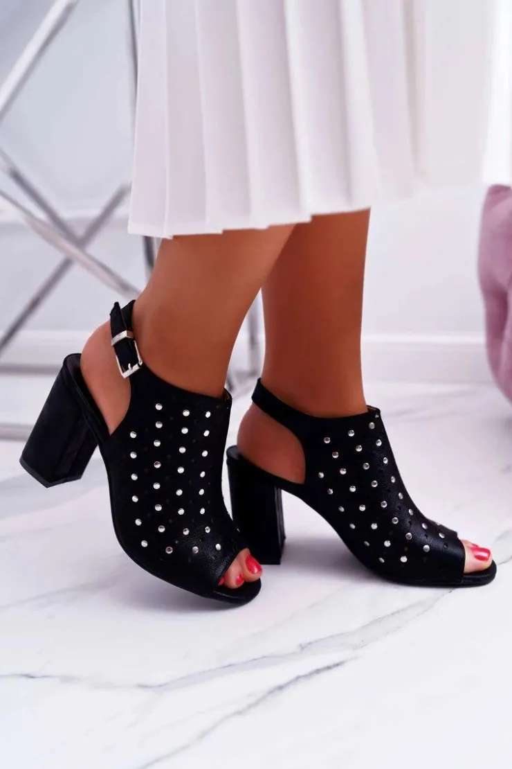 Buty damskie Vinceza Sandały Ażurowe|Sandały Na Obcasie*Sandały Damskie Na Słupku Ażurowe z Dżetami Czarne Hendrix