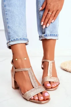 Discount Boto Sandały Damskie Na Słupku Brokatowe Champagne Perfecto