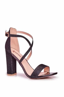 Damskie Boto Sandały Damskie Na Słupku Brokatowe Czarne Vivi