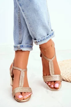 Damskie Boto Sandały Damskie Na Słupku Brokatowe Złote Perfecto