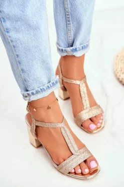 Damskie Boto Sandały Damskie Na Słupku Brokatowe Złote Perfecto