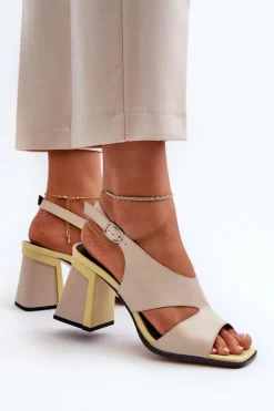 Hot Damskie buty S.Barski Sandały Damskie Na Słupku Beżowe D&A MR38-153 Beżowy